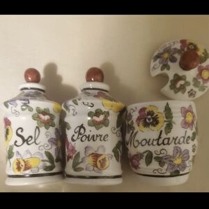 3pc Limoges Hand Painted Porcelain Salt Pepper Mustard Pot with Lid.